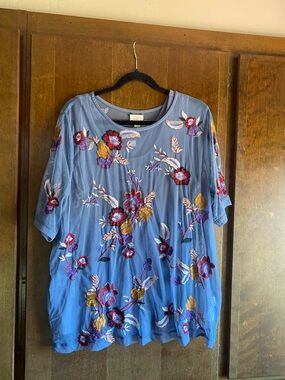 Logo Lavish Embroidered Mesh Top with Knit Tank in Cove Blue